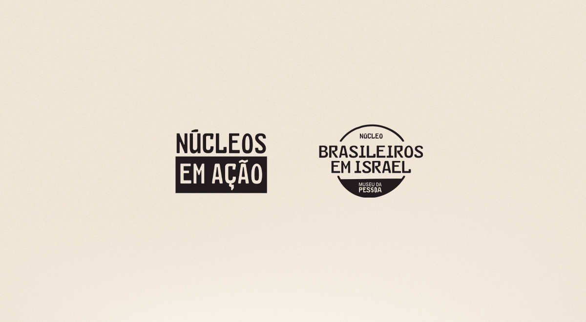 Arte com fundo meio bege e a outra metade preto. Está escrito: Núcleos em Ação. Brasileiros em Israel.