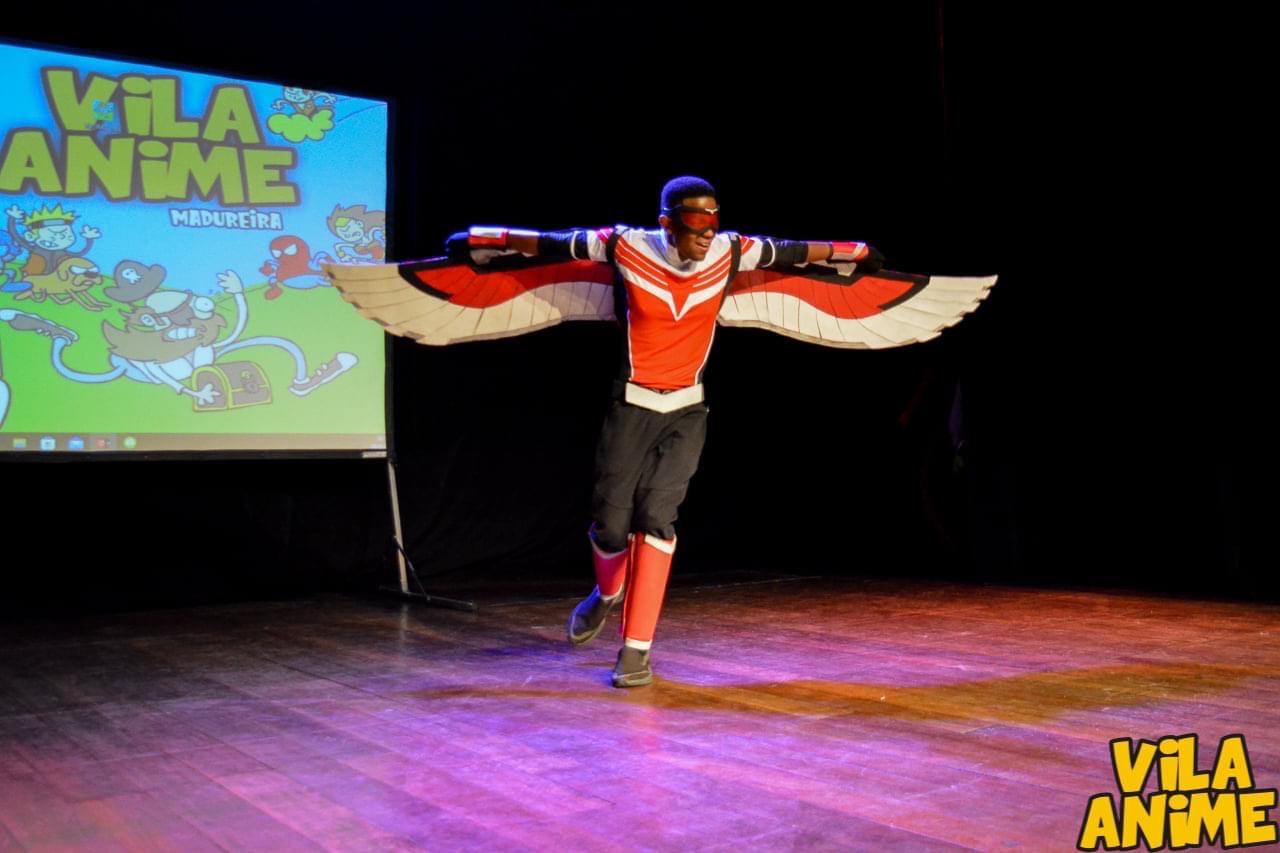 Nesse dia eu estava fazendo cosplay do personagem Falcão, da série Falcão e o Soldado Invernal, da Marvel. Isso ocorreu no evento Vila Anime, no Parque de Madureira.