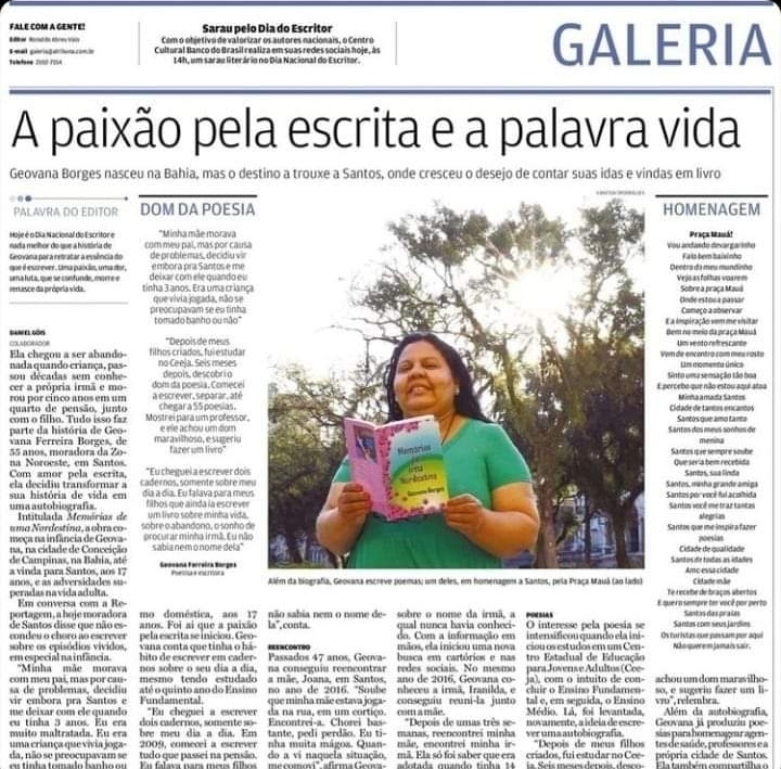 No dia do escritor recebi essa linda homenagem do Jornal A Tribuna de Santos, ano 2022